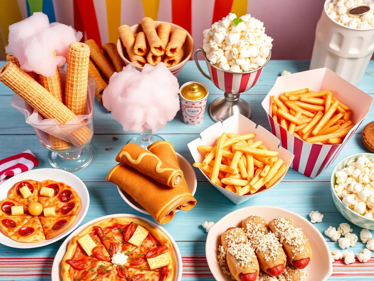 Churros, algodão-doce, crepe, batata frita, pizza, hot dog e pipoca
