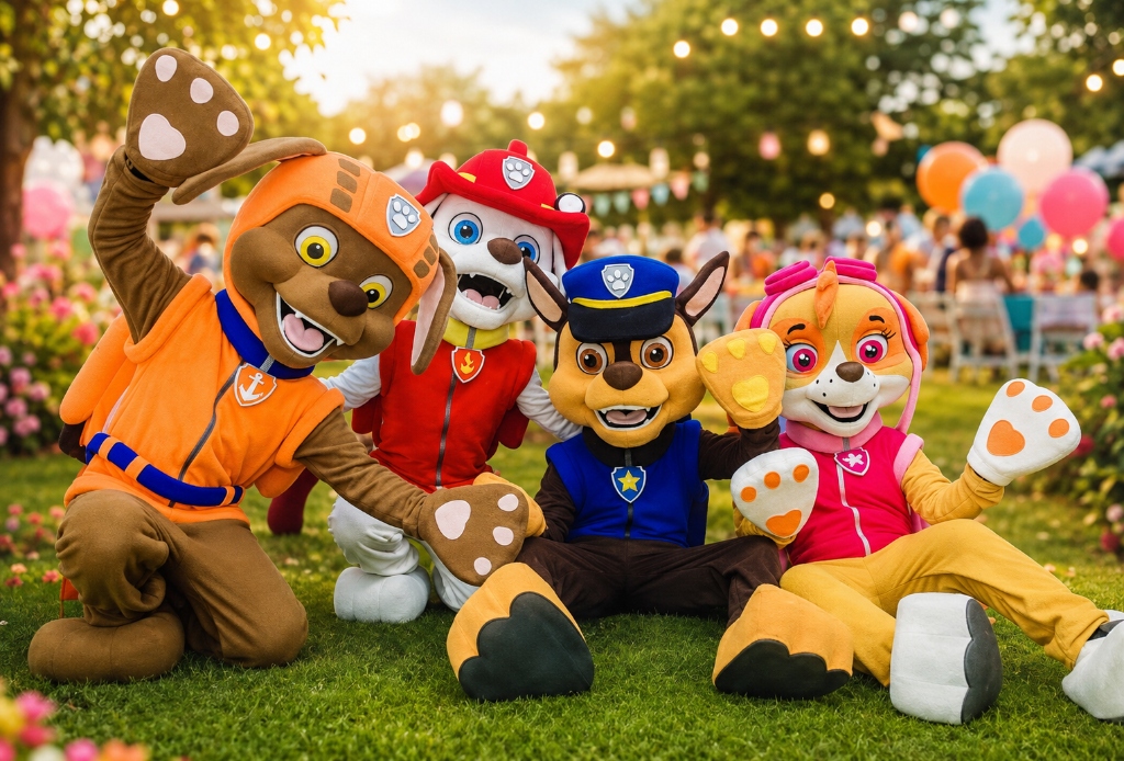 Personagens e mascotes animando um show infantil com crianças